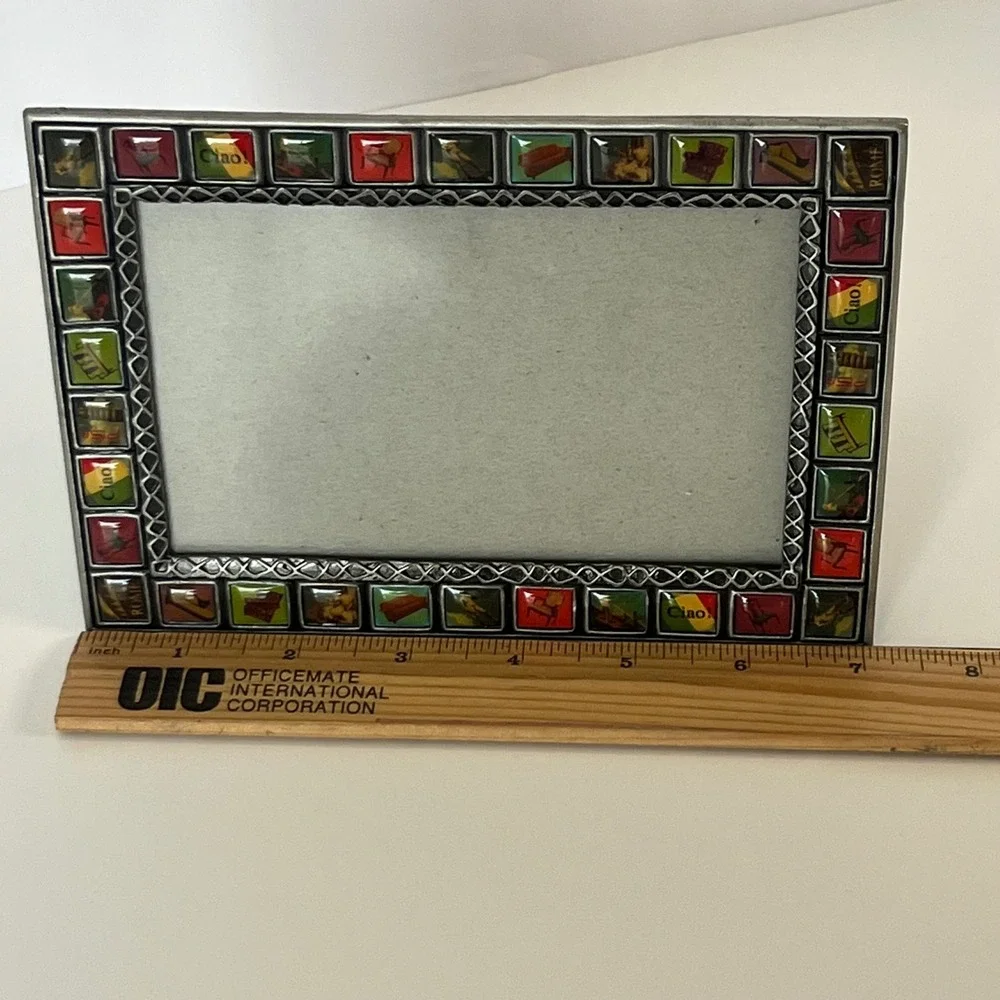 Italian Ciao Rome Mosaic Tile Pewter Tone Metal Photo Frame 4x6 Tabletop Decor